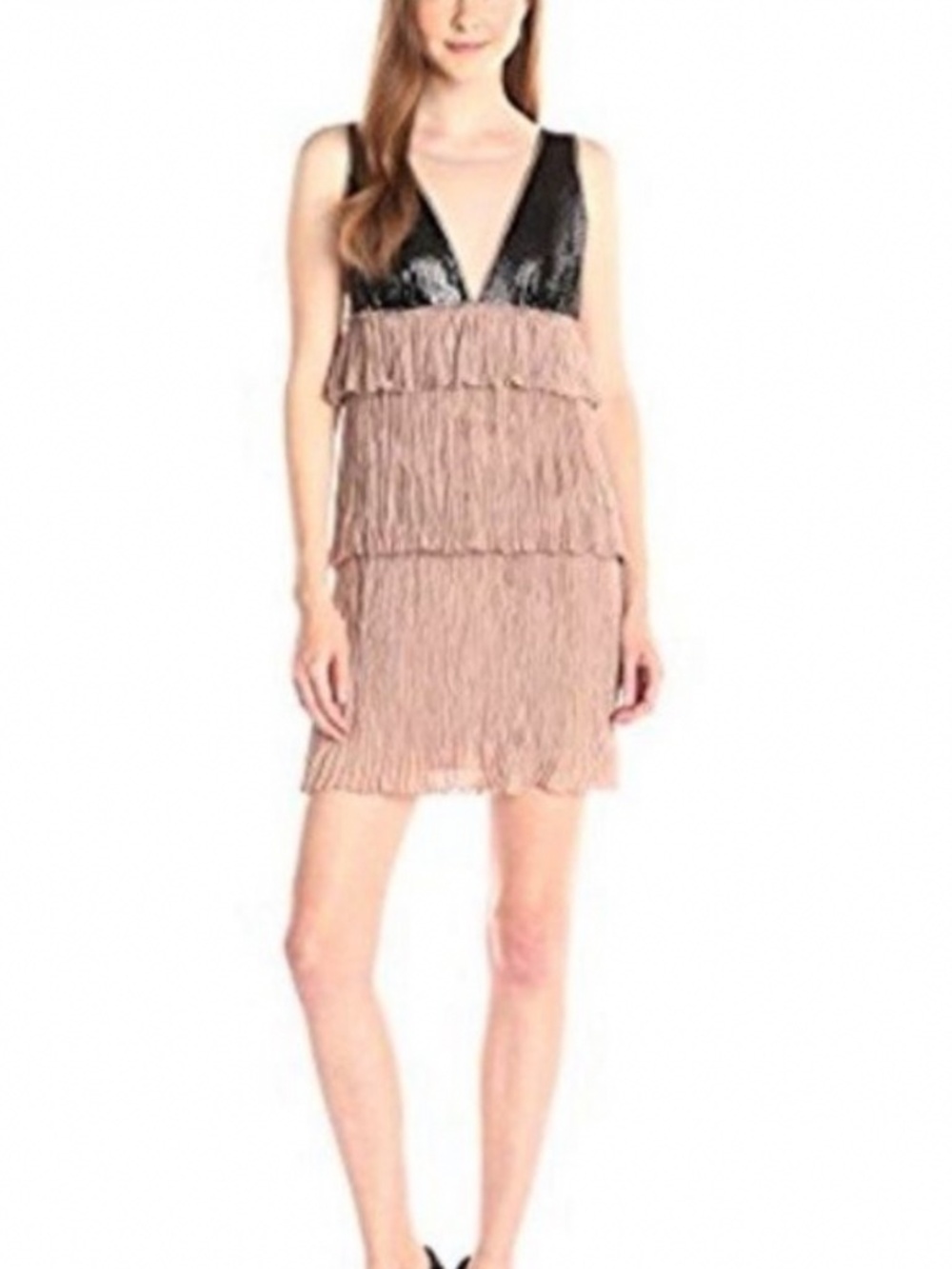 BCBGMAXAZRIA Averil Sequin Pleated Tiered Sleeveless Mesh Mini Dress
